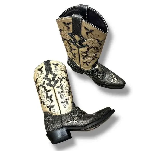 J.B. Dillon Calf Pointed Toe Black Gold Cowhide Leather Western Cowboy Boots 7.5 - Picture 7 of 10